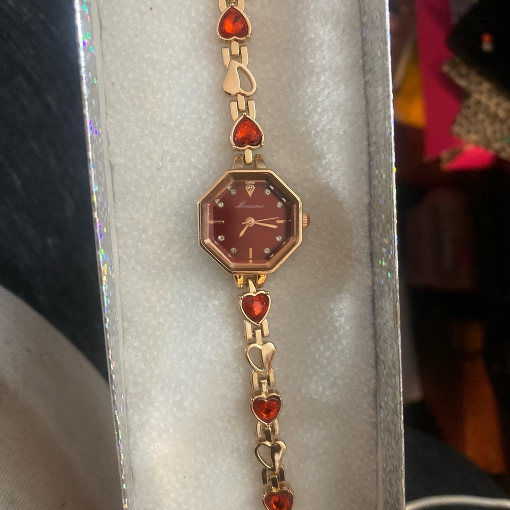Gold and Red Heart Bracelet Watch